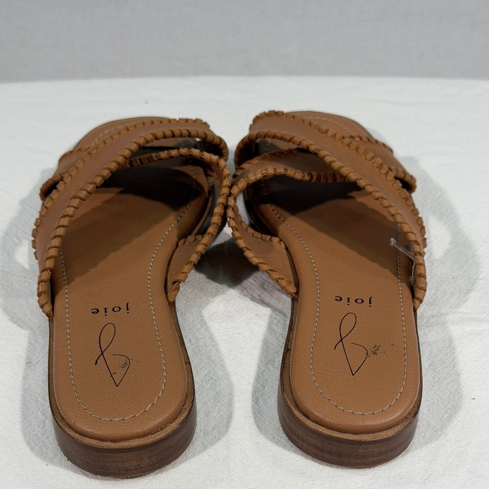 Joie Tan Leather Slide Sandals Womens 8 Cognac Whipstitch Flat Mules - Picture 6 of 8